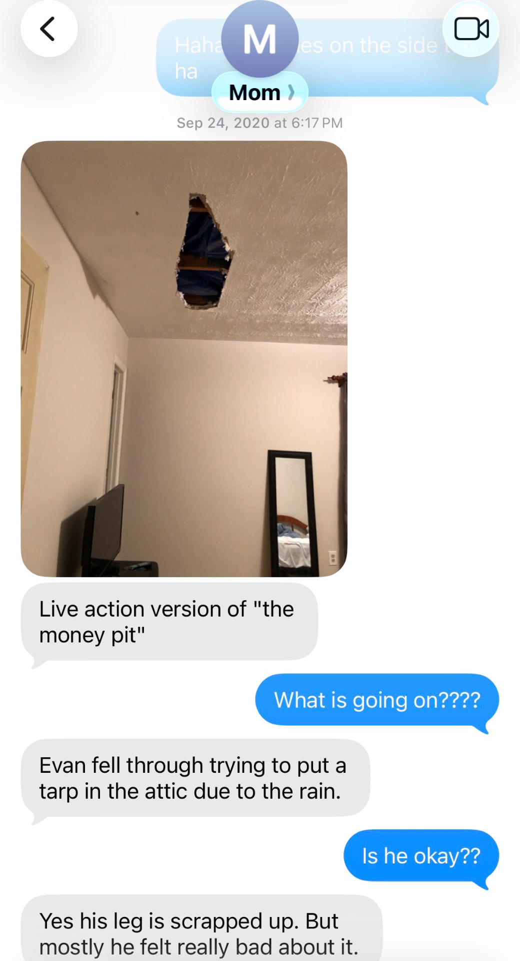 Text message exchange showing a home emergency: ceiling collapse from a tarp falling through the attic