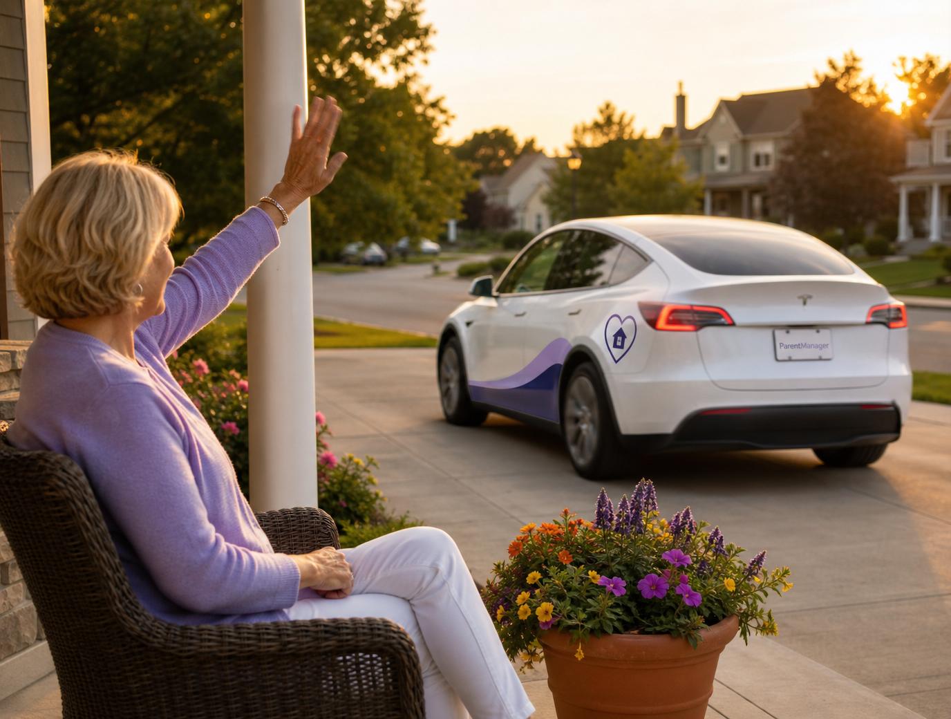 55-year-old woman in a wicker porch chair waving goodbye to the ParentManager Tesla Model Y